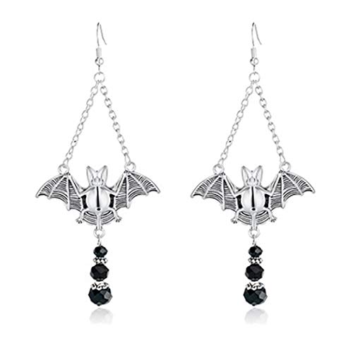 Funyrich Gothic Beaded Earrings Set Silver Bat Pendant Halloween Earring Jewelry Accessory for Women and Girls (Black Bead)