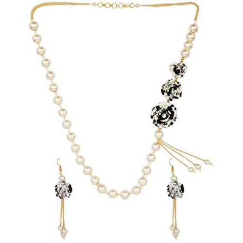 Efulgenz Black Floral Faux Pearl Beads Strand Necklace Earrings Fashion Costume Jewelry Set for Women Girls