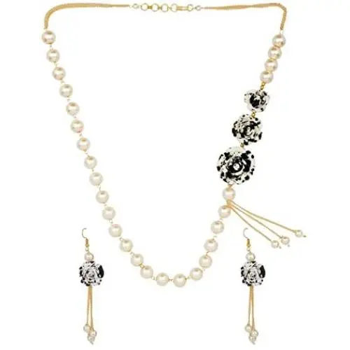 Efulgenz Black Floral Faux Pearl Beads Strand Necklace Earrings Fashion Costume Jewelry Set for Women Girls
