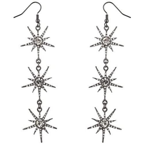 Lux Accessories Hematite Three Tier Starburst Special Occasion Dangle Earrings