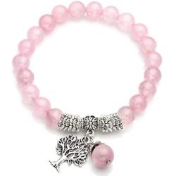 Top Plaza Stretch Rose Quartz Tree of Life Lucky Stone Bracelet Reiki Healing Crystal Gemstone Dangle Charms Pendant Birthstone Bracelet(6.2'')