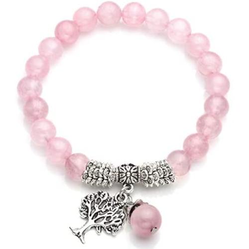 Top Plaza Stretch Rose Quartz Tree of Life Lucky Stone Bracelet Reiki Healing Crystal Gemstone Dangle Charms Pendant Birthstone Bracelet(6.2'')
