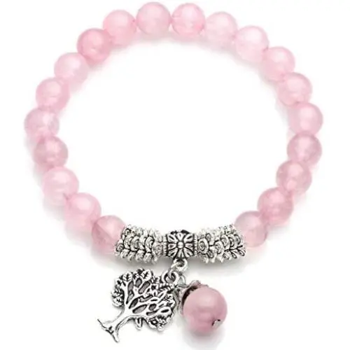 Top Plaza Stretch Rose Quartz Tree of Life Lucky Stone Bracelet Reiki Healing Crystal Gemstone Dangle Charms Pendant Birthstone Bracelet(6.2'')