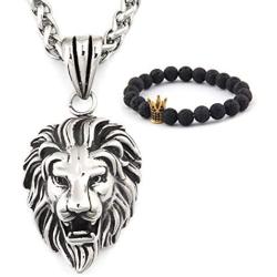 Gungneer Lion CZ Stone Necklace Pendant Stainless Steel Keel Chain Animal Accessory King Jewelry for Men Women