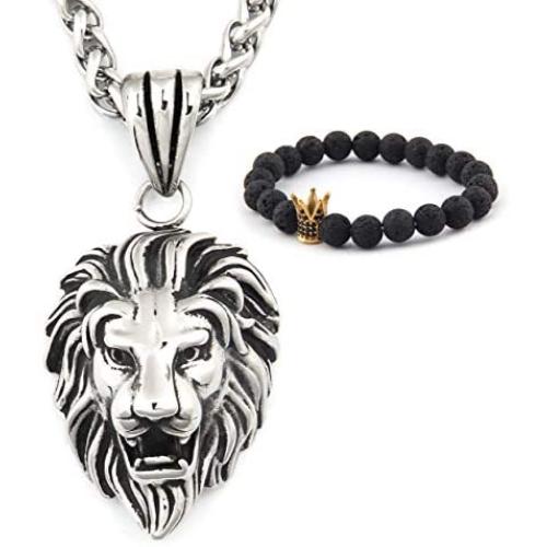 Gungneer Lion CZ Stone Necklace Pendant Stainless Steel Keel Chain Animal Accessory King Jewelry for Men Women