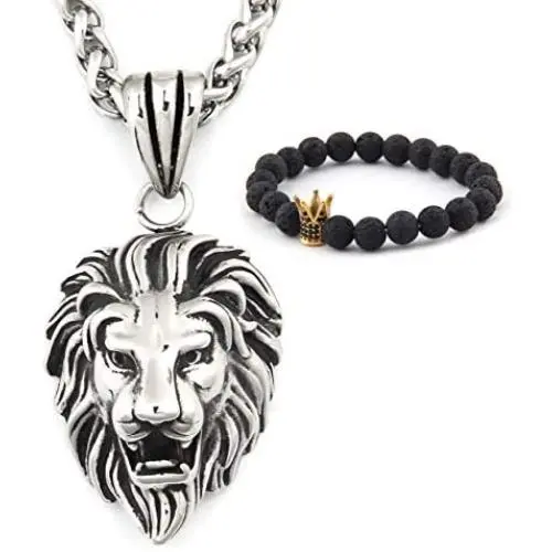 Gungneer Lion CZ Stone Necklace Pendant Stainless Steel Keel Chain Animal Accessory King Jewelry for Men Women