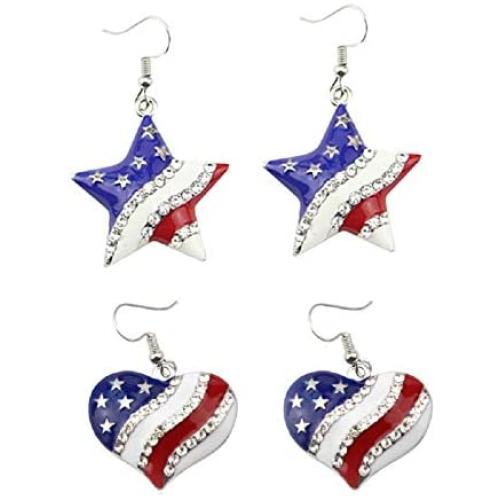 Patriotic Red White Blue American USA Flag Star and Heart Shape Dangle Drop Earrings 4th of July Independence Day Gift Silver Color Jewelry for Women Girls