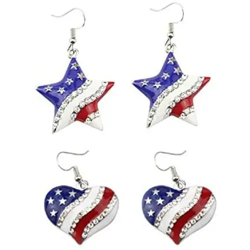 Patriotic Red White Blue American USA Flag Star and Heart Shape Dangle Drop Earrings 4th of July Independence Day Gift Silver Color Jewelry for Women Girls