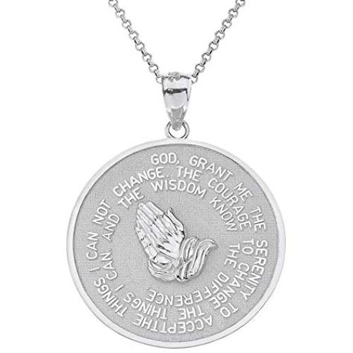 925 Sterling Silver Bible Verse Serenity and Lords Prayer Medal Pendant Necklace