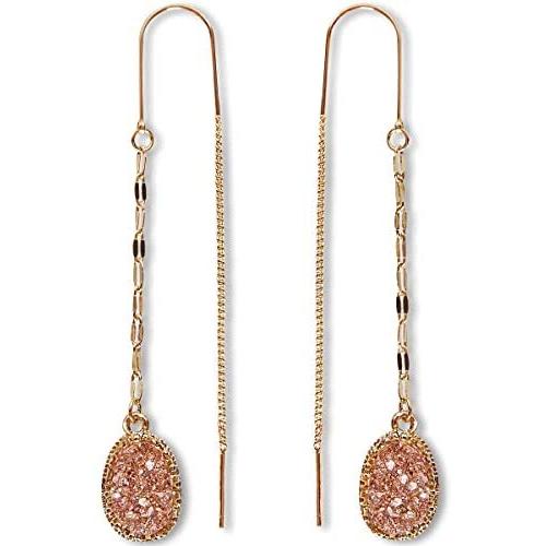Humble Chic Simulated Druzy Chain Bar Threaders - Boho Glitter Gold-Tone Long Sparkly Needle Drop Earrings for Women - Bohemian Created Geode Stone Pendants