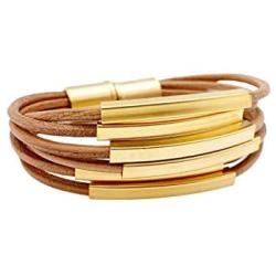 NIEVOS JEWELRY 24k Gold Bracelet 24k Gold Plated Tubes And Camel 3mm Leather Cord Magnet Bracelet Timeless Classics 1910 Designer Made By Women For Her Handmade Rare Unique Gift Jewelry Love