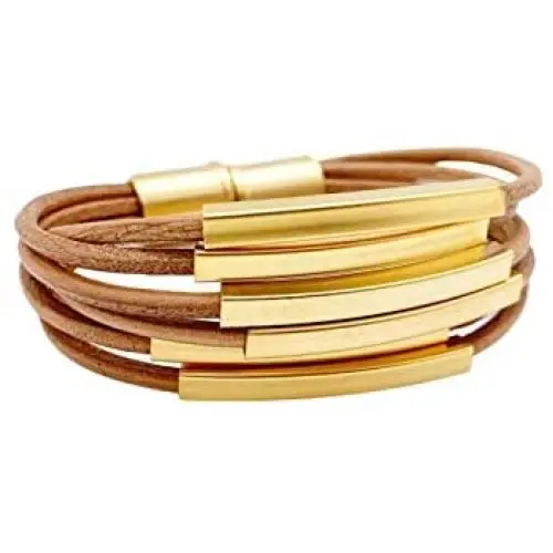 NIEVOS JEWELRY 24k Gold Bracelet 24k Gold Plated Tubes And Camel 3mm Leather Cord Magnet Bracelet Timeless Classics 1910 Designer Made By Women For Her Handmade Rare Unique Gift Jewelry Love NIEVOS JEWELRY 24k Gold Bracelet 24k Gold Plated Tubes And Camel 3mm Leather Cord Magnet Bracelet Timeless Classics 1910 Designer Made By Women For Her Handmade Rare Unique Gift Jewelry Love