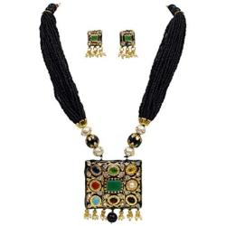 Babosa Sakhi Navratan Black Pendant Set Indian Traditional Multicolor Meenakari Jaipuri Jewelry Set SRN20