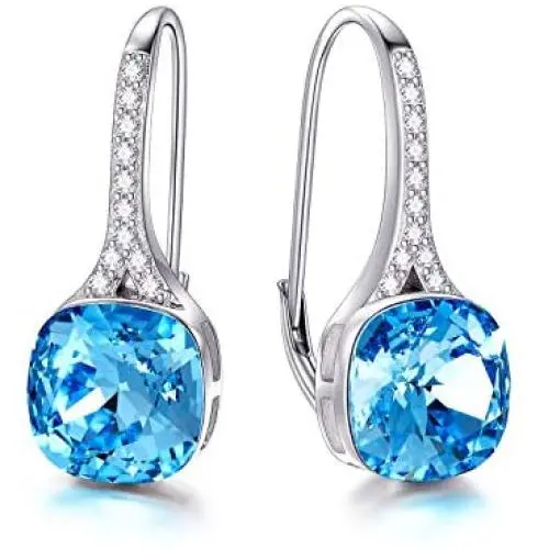 AOBOCO 925 Sterling Silver Luxurious Cushion-cut Leverback Dangle Drop Earrings with Simulated Aquamarine Austrian Crystals Jewelry Gift for Bridal on Wedding