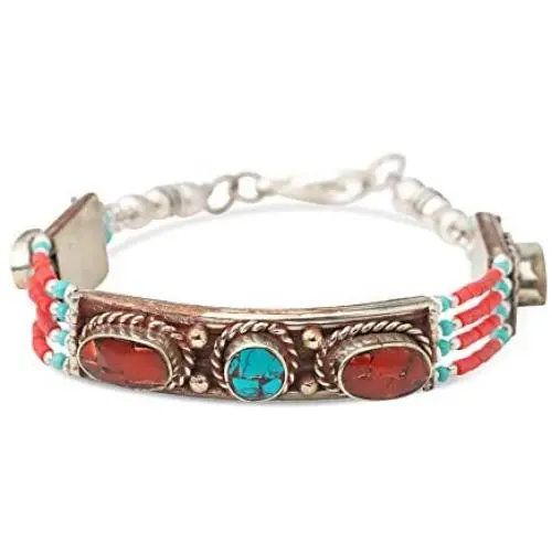 Culture Cross Handmade Tibetan Red Coral Beaded Bracelet - Authentic Traditional Himalayan Tribal Ethnic Folk Jewelry Turquoise Art