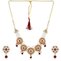 Saissa White Pearl Red Stone Choker Indian Necklace Earrings Jewelry Set for Girls and Women