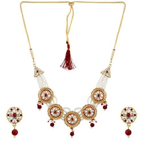 Saissa White Pearl Red Stone Choker Indian Necklace Earrings Jewelry Set for Girls and Women