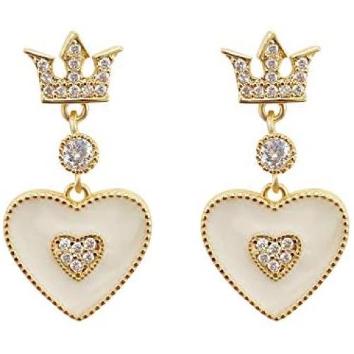 14K Gold Heart Crown Earrings Cuban Zirconia Heart Earrings Retro Palace Style Crown Drop Earrings for Women Girls