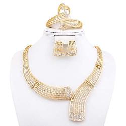 YAZILIND Gold Plated Chunky Necklace Earrings Bracelet Ring Rhinestone Wedding Engagement Banquet Jewelry Set(4pc)