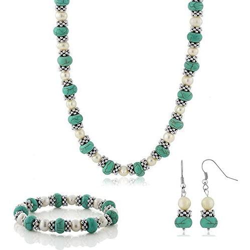 Gem Stone King 18 Inch Simulated Turquoise Howlite and Cultured Freshwater Pearl and Spacers Necklace + Earrings