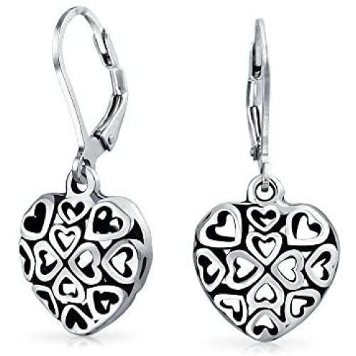 Open Lightweight Clover Flower Filigree Multi Heart Shape Puff Hearts Drop Dangle Earrings For Women Teens Oxidized 925 Sterling Silver Leverback