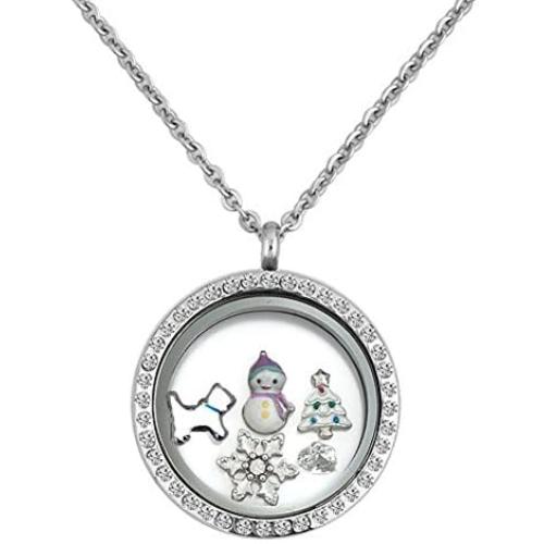 Cory Keyes Christmas Tree Snowman Snowflake Reindeer Santa Floating Charms in Glass Living Memory Locket Necklace