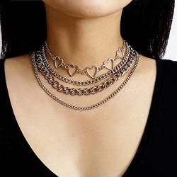 Simple Hearts Necklace Lolita Choker Chain for Girls Women Layered Cuban Chunky Chain Necklace Chic Style Wedding Dress Jewelry (Silver 1)
