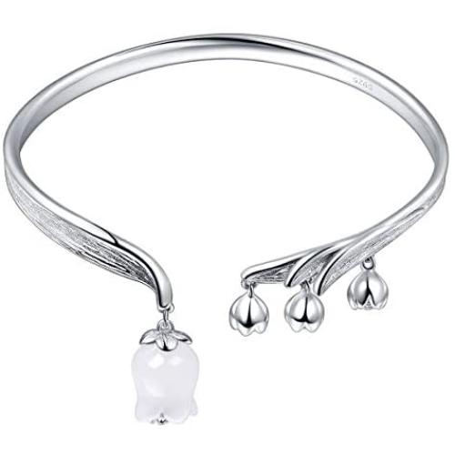 Jewever Lily of the Valley 925 silver bracelet with original romantic natural white jade flower adjustable ladies jewelry gift