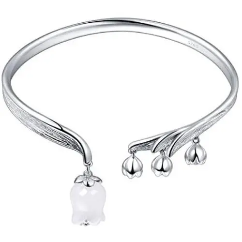 Jewever Lily of the Valley 925 silver bracelet with original romantic natural white jade flower adjustable ladies jewelry gift