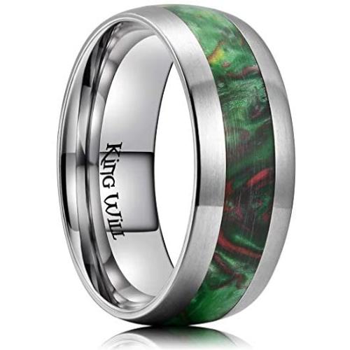 King Will 8mm Men Titanium Wedding Ring Inlaid Green Resin&Slender Silver Titanium Flat/Dome Style