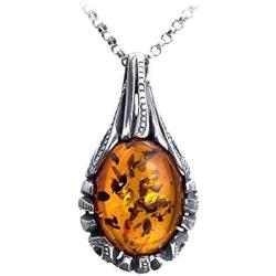 Amber by Graciana. Sterling Silver Amber Oval Pendant Chain Necklace 18 Inches