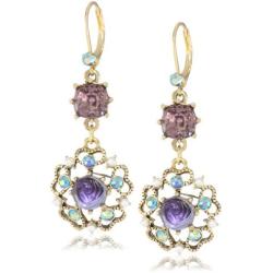 Betsey Johnson Carved Flower Medallion & Crystal Gem Drop Earrings