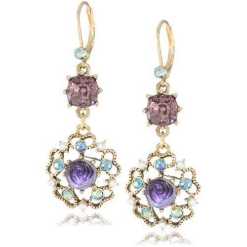 Betsey Johnson Carved Flower Medallion & Crystal Gem Drop Earrings