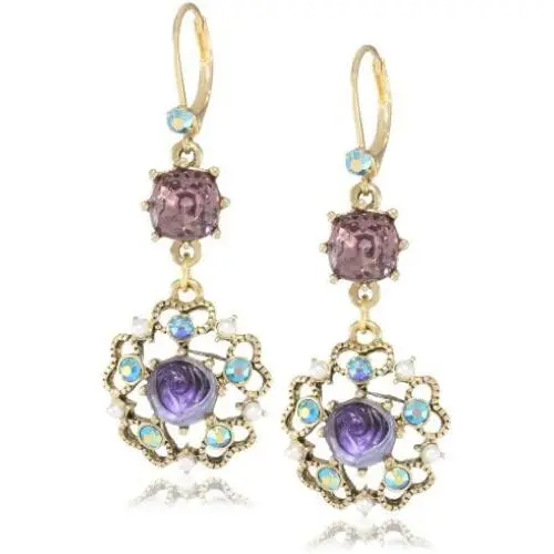 Betsey Johnson Carved Flower Medallion & Crystal Gem Drop Earrings