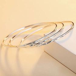 Merdia 925 Sterling Silver Stackable Bangle Bracelet with Simple Carved Flower Patterns Inner sized-7cm