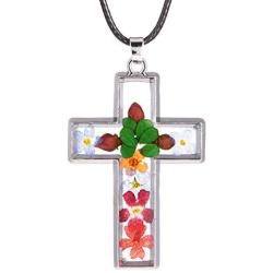 FM FM42 Multi-Colored Pressed Flower Cross Pendant Necklace with 19'' Chain, 2 Styles