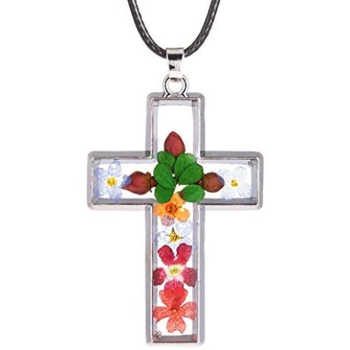 FM FM42 Multi-Colored Pressed Flower Cross Pendant Necklace with 19'' Chain, 2 Styles