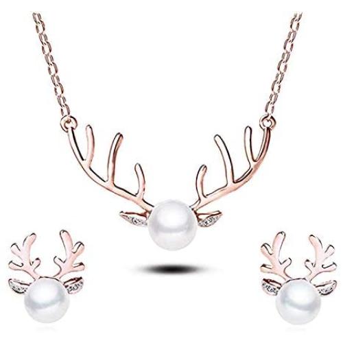 BITSEACOCO Personalized Christmas Necklace Earrings Set for Women, Charm Rose Gold Pearl Necklace Funny Christmas Jewelry Gifts for Girls, Teen Girls, Mom, Grandma
