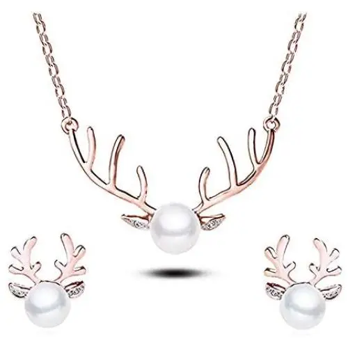 BITSEACOCO Personalized Christmas Necklace Earrings Set for Women, Charm Rose Gold Pearl Necklace Funny Christmas Jewelry Gifts for Girls, Teen Girls, Mom, Grandma
