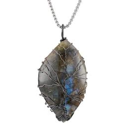 SUNYIK Natural Labradorite Stone Pendant Necklace for Unisex, Handmade Wire Wrapped Irregular Jewelry for Healing