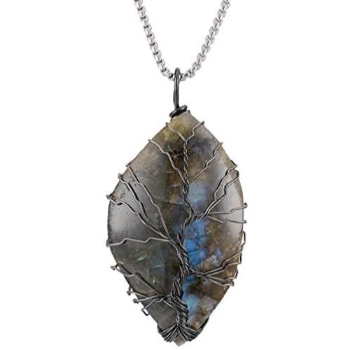 SUNYIK Natural Labradorite Stone Pendant Necklace for Unisex, Handmade Wire Wrapped Irregular Jewelry for Healing