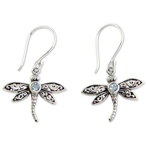 NOVICA .925 Sterling Silver and Blue Topaz Dangle Earrings, Enchanted Dragonfly