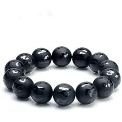 Genuine Natural Black Obsidian Gemstone Six Word Round Bead Bracelet 16mm AAAA