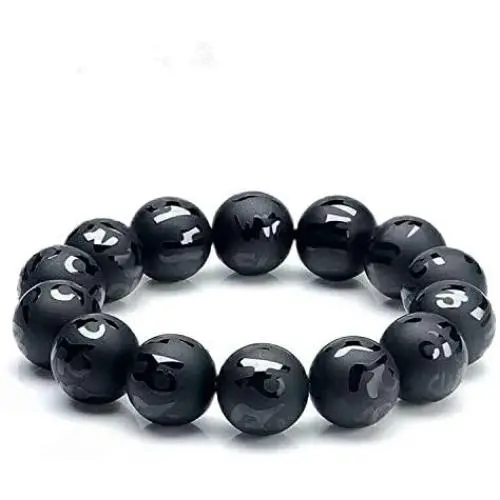 Genuine Natural Black Obsidian Gemstone Six Word Round Bead Bracelet 16mm AAAA Genuine Natural Black Obsidian Gemstone Six Word Round Bead Bracelet 16mm AAAA