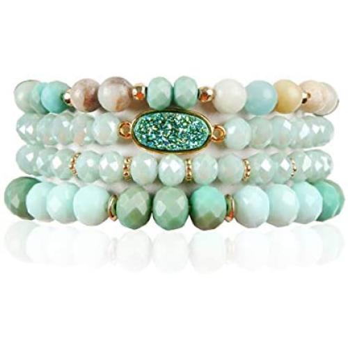 Bohemian Acrylic Druzy Multi-Layer Bead Statement Bracelet - Versatile Faux Stone Pendant Stretch Strand Stackable Cuff Bangle Set Sparkly Crystal