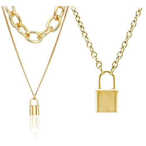 2Pcs Layered Lock Key Pendant Necklace Punk Chunky Gold Necklace Long Chain Statement Choker for Women Men