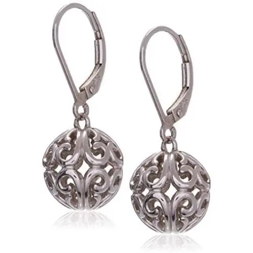 Plated Sterling Silver Filigree Ball Leverback Dangle Earrings Plated Sterling Silver Filigree Ball Leverback Dangle Earrings