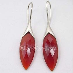SilverStarJewel 925 Solid Silver Red Cut Carnelian Earrings 1.7'' 6.1 Grams Ladies Gemstone
