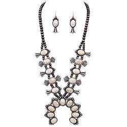 Rosemarie & Jubalee Womens Statement Western Howlite Squash Blossom Necklace Earrings Set, 27''-30'' with 3'' Extension