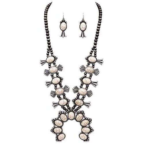 Rosemarie & Jubalee Womens Statement Western Howlite Squash Blossom Necklace Earrings Set, 27''-30'' with 3'' Extension